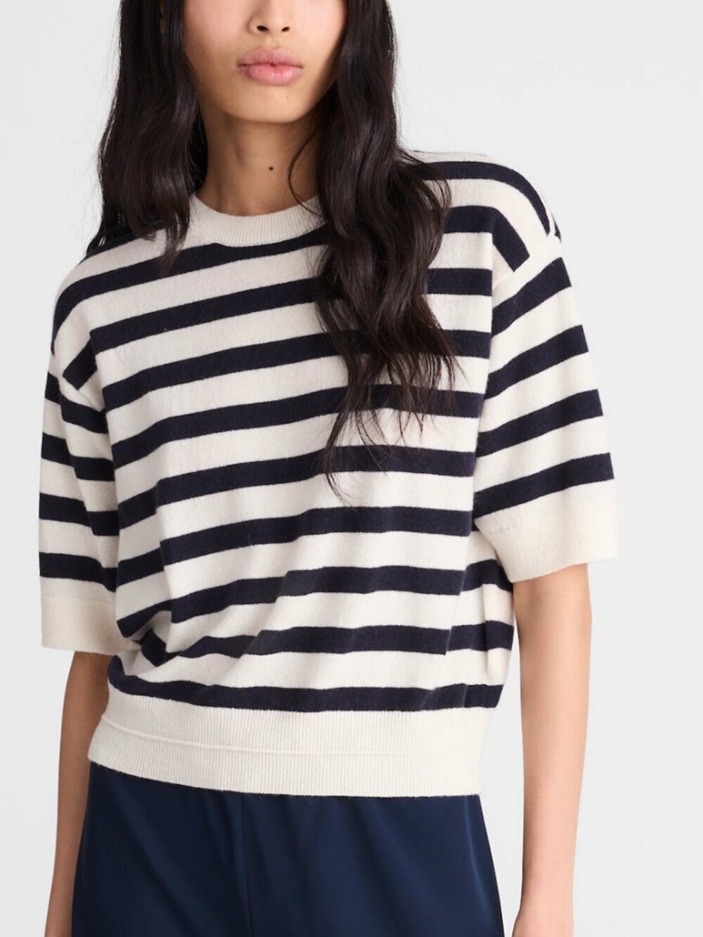 Madewell Cashmere Relaxed Sweater Short Sleeve Tee Navy Stripes Size S NWT